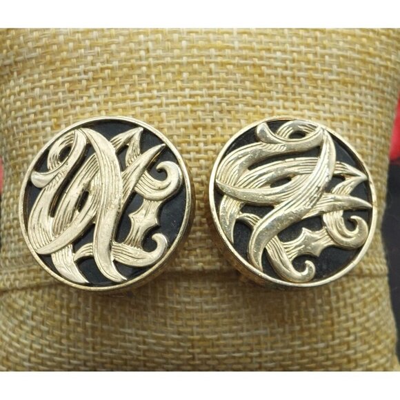 Vintage Bergere Clip On Earrings Large Circles Black Enamel & Gold Swirl Retro - Picture 3 of 7